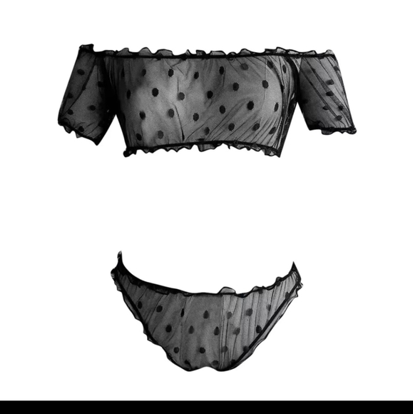 Other - Dot Mesh Two Piece Off Shoulder Lingerie Set Bra Panties Bralette Set